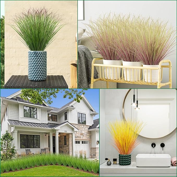 LUZOGA 24Pcs Artificial Grass Plants, Faux Shrubs Wheat Grass, Artificial Tall Grass Fake Plants for Outdoor Decor,Artificial Greenery Stems Weed for Room Indoor Home Decor（Green Red Tail）