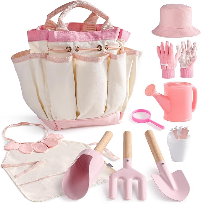 ROBOTIME Kids Gardening Set, 17PCS Kids Gardening Tools for Girls, Toddler Gardening Set with Hat, Apron, Gloves, Watering Can & Tool Bag – Outdoor Garden Toy Kit (Pink)