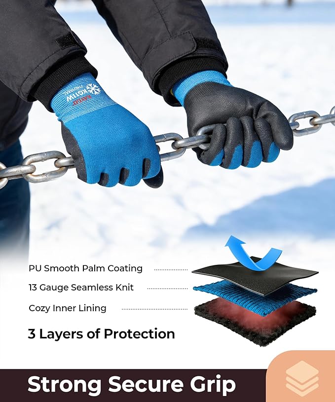 KAYGO Winter Work Gloves for Men and Women, 12 Pairs Thermal Insulated Safety Work Gloves PU Coated, Smooth Grip on Palm & Fingers,Ideal for Freezer Work,Blue,M