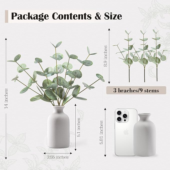 Artificial Eucalyptus Stems in Ceramic Vase, 14'' Fake Plants Greenery Stems for Home Decor Eucalyptus Plant for Bathroom Farmhouse Room Coffee Table Centerpiece Desk Shelf Faux Branches Decorations