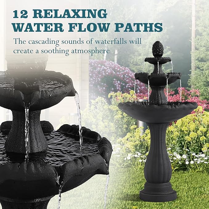 MAGIC UNION Garden Water Fountain Outdoor, 47.3" High Large Roman Italian Indoor Waterfalls, 3-Tier Standing Water Feature Fountains w/Pump & Pineapple Top for Outside Patio, Yard and Lawn (Black)