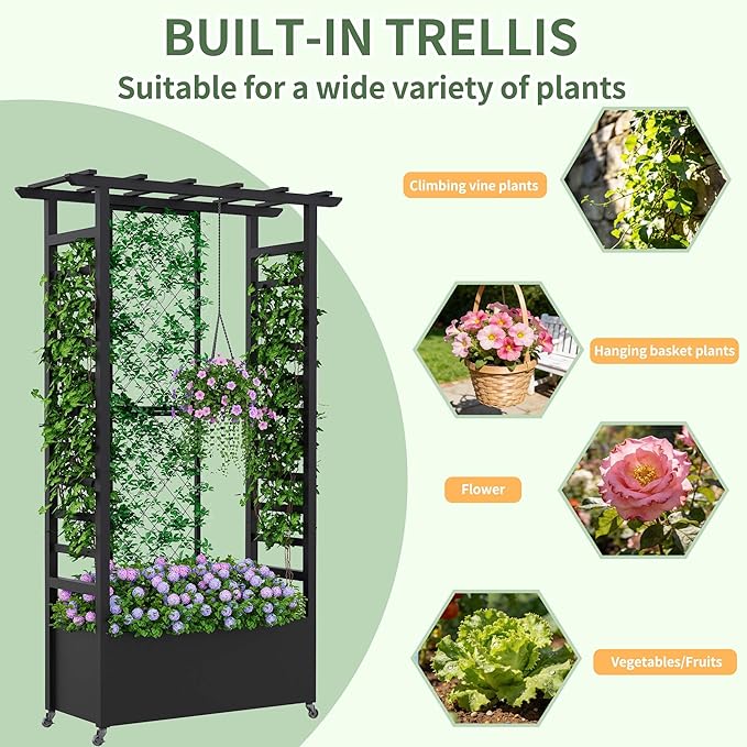 Raised Garden Bed with Trellis & Hanging Roof, Weatherproof Metal Planter Box with Wheels, Garden Arch Trellis for Outdoor Climbing Plants Vines Flowers, 74" H x 44" L x 17" W, Black