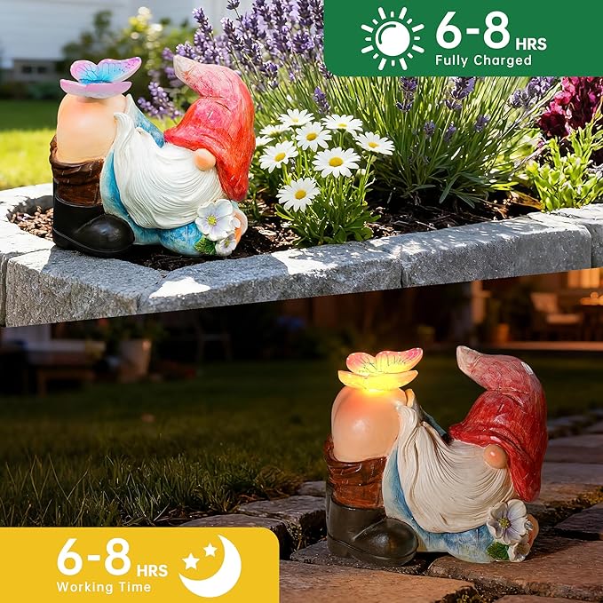 Gnomes Garden Decor Solar Led Lights Outdoor Funny Gnome Decor with Butterfly Waterproof for Home,Yard Art,Gardening Gifts for Women