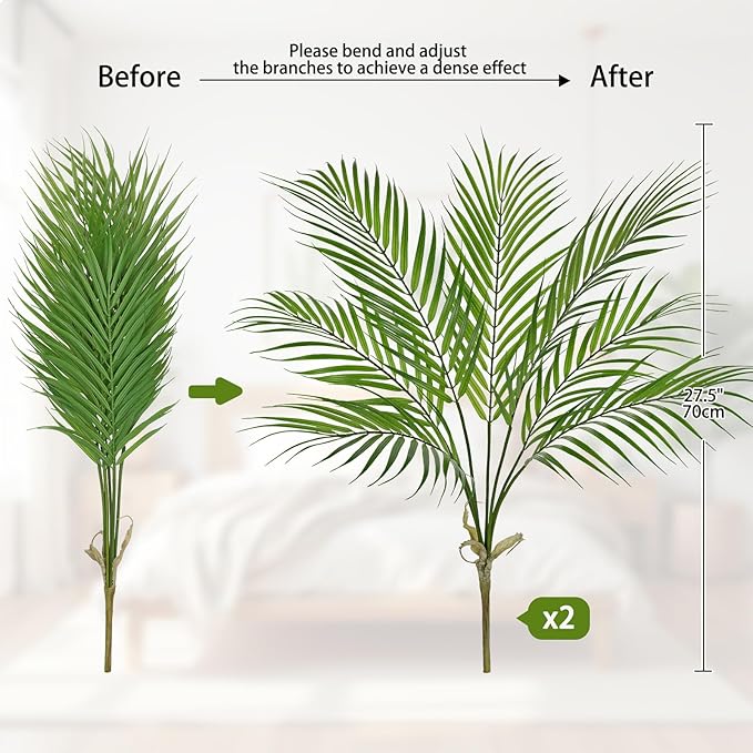 2PCS Artificial Palm Plant Leaves 27.5" Fake Tropical Areca Palm Bushes Tree Leaf Large Faux Greenery Stem Shrubs for Indoor Outdoor Home Garden Arrangement Jungle Safari Wedding Party Decor, 7 Leaves
