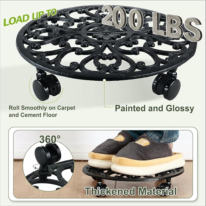 3 Packs 14 Inch Rolling Plant Stand with Wheels Metal Plant Caddy with Wheels Heavy Duty Round Plant Stand Indoor Iron Plants Rollers for Plants, Plant Dolly