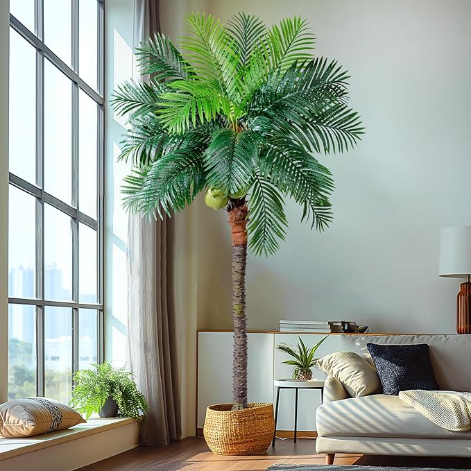Erimda 30-Year Factory Faux Coconut Tree - 9.1FT Faux Palm Tree Realistic Thick Trunk & Heavy Duty Leaves, Hand-Carved Bark Texture, Indoor Tropical Decor for Living Room/Store, No Shiny Plastic Look