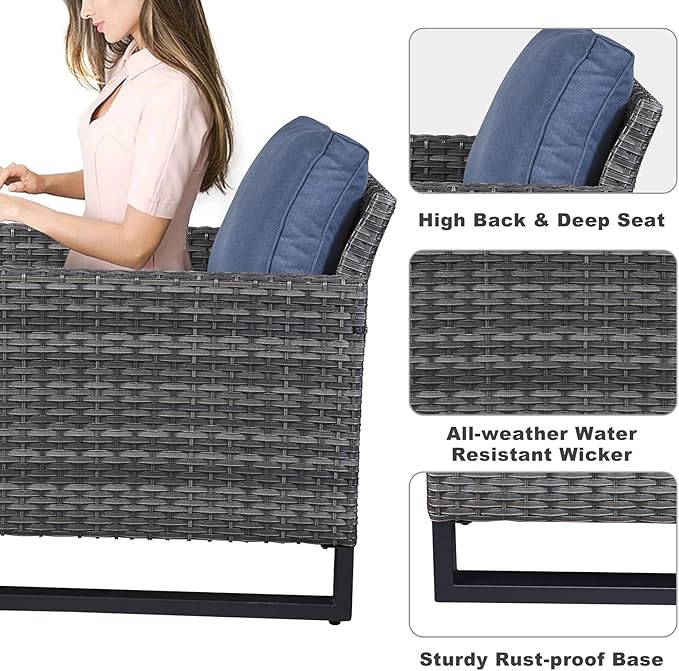 Belord 6 Piece Outdoor Furniture Patio Wicker Sofa Set, Oversize Outdoor Dining Chairs with Rattan Ottomans, Conversation Sets Patio Furniture Come with Removable Washable Cushion Blue