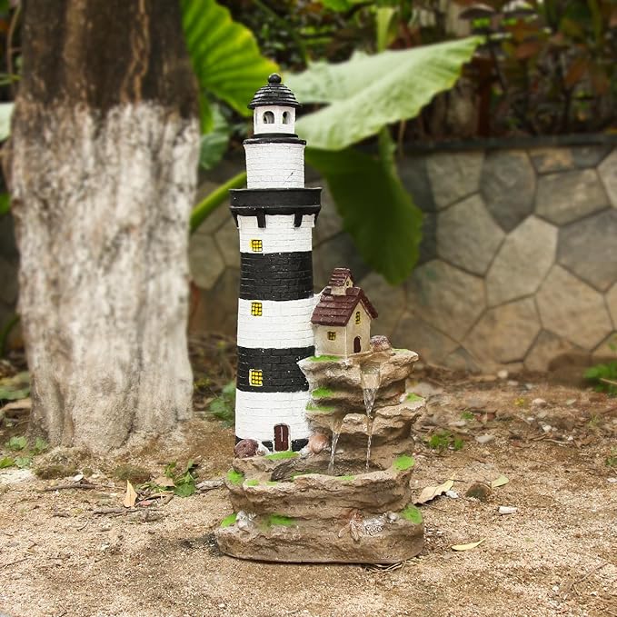 YZM Outdoor Lighthouse Waterfall Fountain 38.58" Tall 3-Tiered Rock Water Feature with LED Lights for Patio, Backyard, or Garden Décor