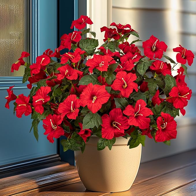 Brlita 19 Inch Artificial Flowers for Outdoor Indoor Garden Home Decoration,Faux Flower for Home Office Garden Patio Balcony 4 Bundles (Red)