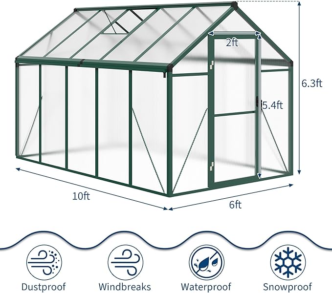 6X10 FT Greenhouse for Outdoors, Polycarbonate Flower Greenhouse with Roof Vent, Push-Pull Lockable Door, Aluminum Walk-in Greenhouses for Outside Garden Backyard, Patio, Lawn, Green