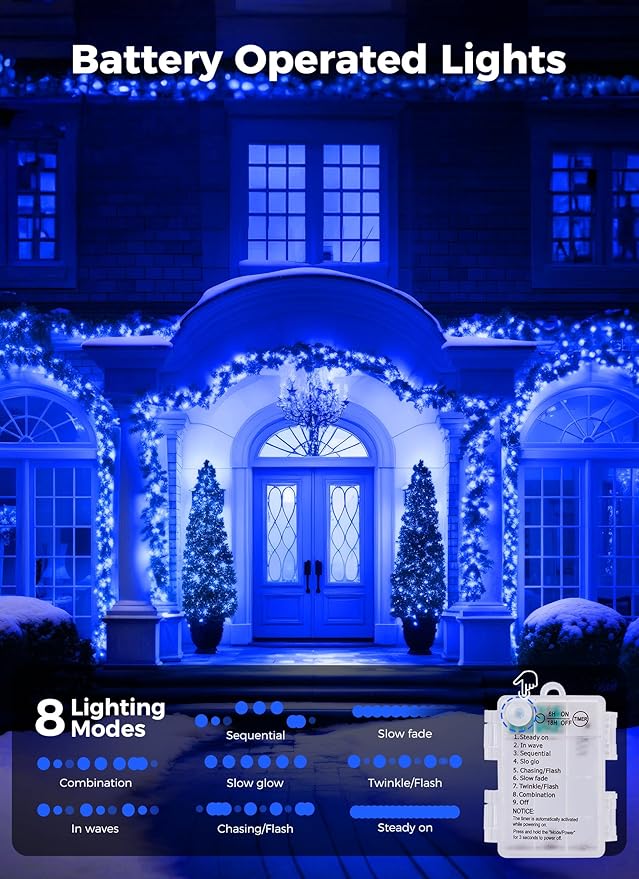 Minetom Christmas String Lights Battery Operated, 2 Pack Total 33FT 100 LED Battery Powered Fairy Lights with Timer,8 Modes, Waterproof Twinkle String Lights for Outside Indoor Bedroom Tree, Blue
