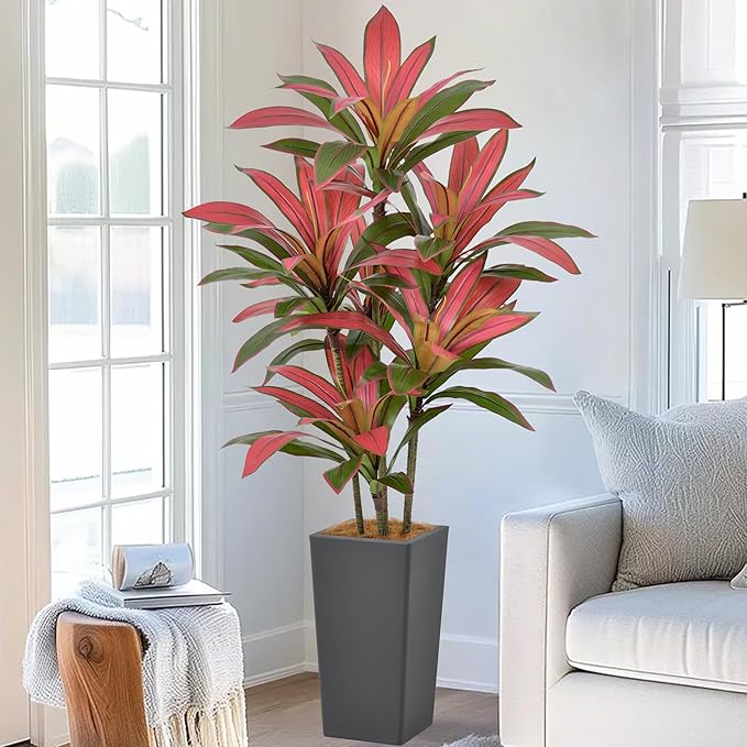 Roselywed Artificial Red Dracaena Tree 5FT with 90 Leaves & 6 Heads & Gray Tall Planter Cover with Coconut Fiber Tall Faux Tropical Silk Bicolor Plant 60 Inch for Indoor Home Office Porch Mall Decor