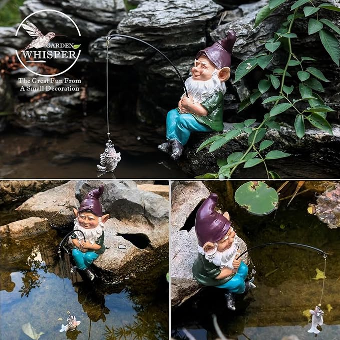 Garden Gnome Pond Decortations Outdoor Statue for Patio, Pond and Waterfall, Gnome Statue Koi Pond Decor, 9.7 Inch Fishing Gnome Figurine & Sculpture Poolside Statue with Luminous Stone