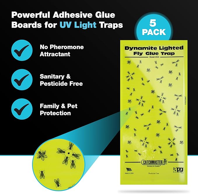 Catchmaster Pro Series Flying Insect Light Trap Replacement Board 5-PK, UV Light Fly Trap Refill, Adhesive Glue Boards, Bug Catcher, UV Lamp Mosquito Catcher, Home & Garage Pest Control