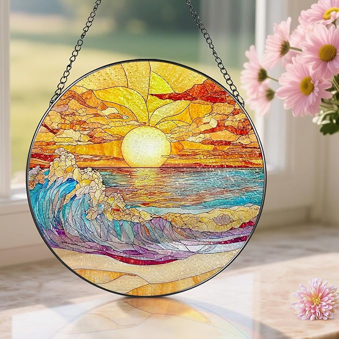 8-Inch Stained Glass Ornament, Stained Glass Window Hanging, Window Hanging Decor Suncatcher, Sunset on The Beach Ornament | Beach Gift, Gifts for Sunset Lovers, Friend, Family & Colleague