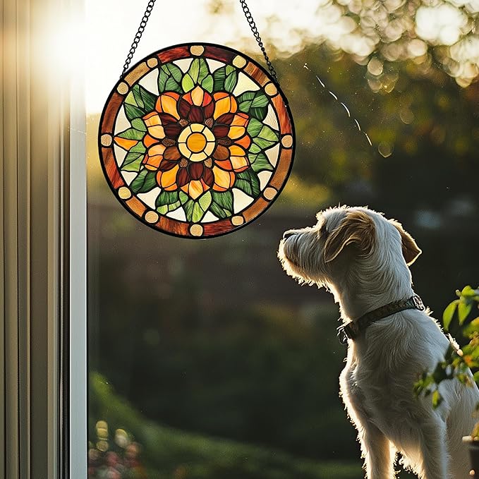 AMDERVEN Stained Glass Window Hanging - Yellow Green Boho Style Flowers Sun Catcher for Door Garden Home Decor Suncatcher Christmas Mother's Day Birthday Gifts for Women Mom Girl Nana Friend 7.8 in