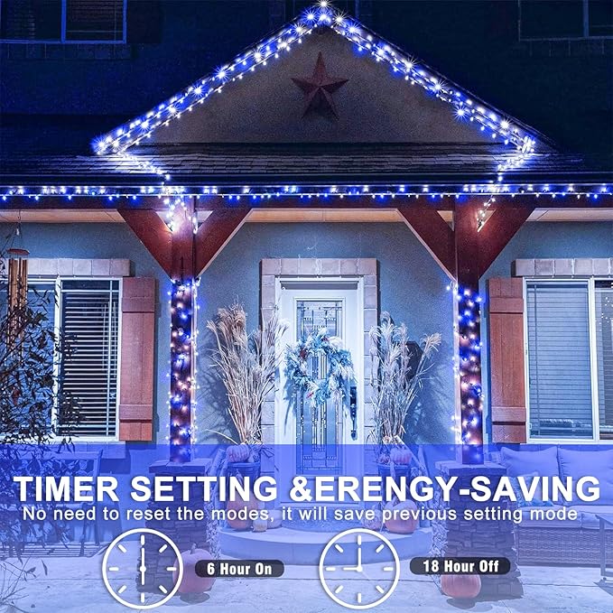 Blue White Christmas Lights Outdoor 400 LED Christmas Tree Lights 8 Modes Clear Wire, 131ft Plug in Waterproof Twinkle Fairy Lights for Indoor Outside Bedroom Party Xmas Halloween Decorations