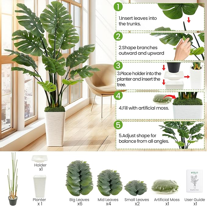 5FT Artificial Monstera Plant Realistic Faux Monstera Plant with Tall White Planter and Thread Moss, Lifelike Indoor Outdoor Artificial Tree for Living Room, Bedroom, Office, Housewarming Decor