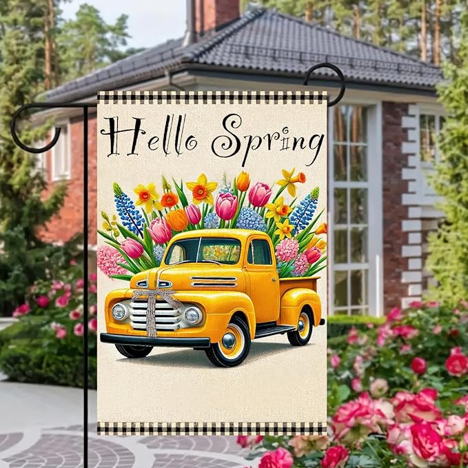Hello Spring Garden Flag 12 x 18 Inch Double Sided Welcome Spring Flowers Truck Yard Flag Seasonal Outdoor Decor Home Party Porch Yard Farmhouse Holiday Outdoor Decor Flags