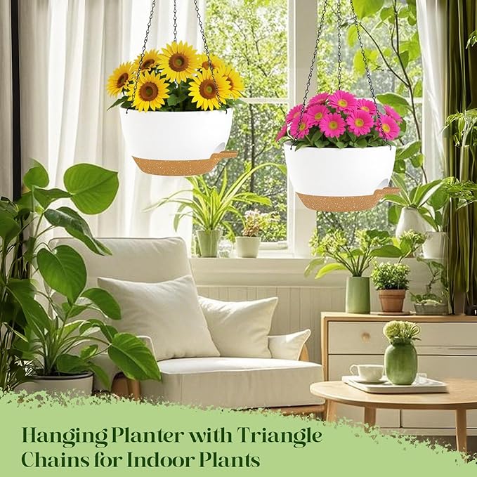 zople 10 Inch Hanging Planters with Chains 2 Pack Self Watering White Brown Plastic Hanging Pots for Indoor Outdoor Plants, Garden Porch Home Decor (White Brown)