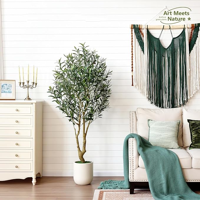 VeriNatural Artificial Olive Tree 6FT Tall, Faux Plants Indoor - Fake Plant with Lifelike Leaves,White Planter - Large Fake Olive Trees for Home Living Room Office Bedroom Floor Decor