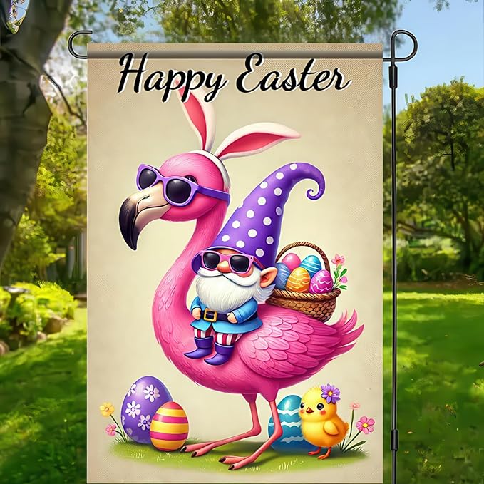 Happy Easter Garden Flag Cute Gnoms 12x18 Inch Double Sided Colorful Easter Eggs Yard Outside Decorations Spring Outdoor Small Decor Seasonal Spring Party Flags