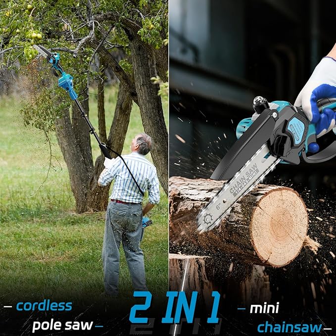 2-in-1 Cordless Pole Saw＆6 Inch Mini Chainsaw,with Extension Pole,Adjustable 180° Cutting Angle with 2 Battery, Auto-oil,Pole Saws for Tree Trimming,Ideal Gifts for Men Dad