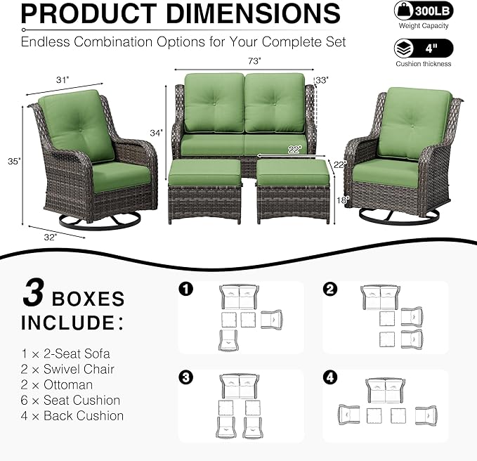 Joyside 5 Piece Wicker Patio Furniture Set, Outdoor Swivel Rocker Patio Chairs with High Back, Deep Seating, Wide Armrest, Thickened Cushions, Outdoor Furniture for Deck, Porch Use