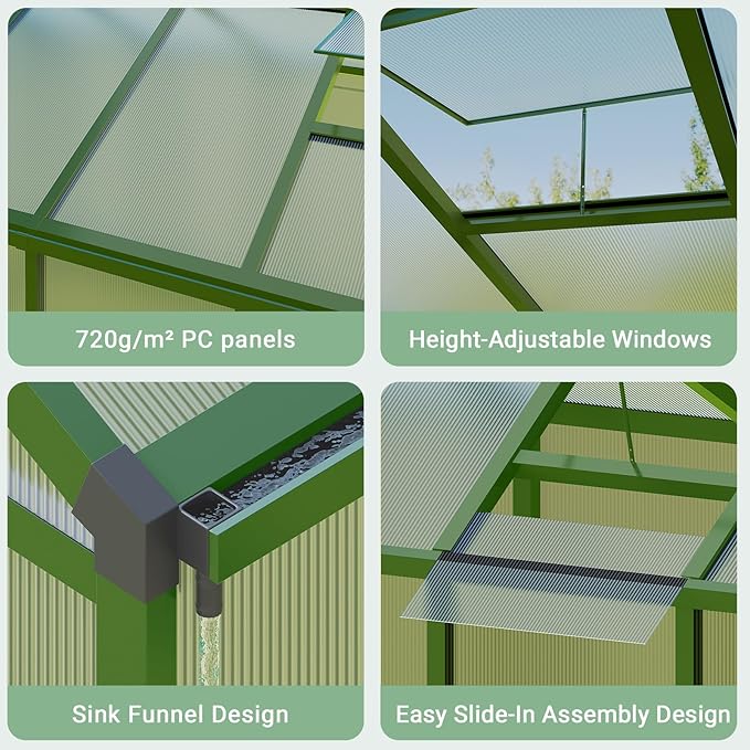 8X12FT Outdoor Greenhouse, Aluminum Polycarbonate House, Green Houses for Outside with Sliding Doors, Ajustable Roof Vent, Withstands Bad Weather for Garden, or Backyard, Green