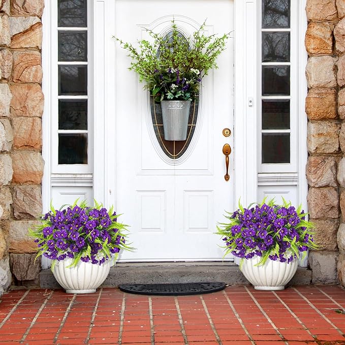 HIAGROW Artificial Flowers Outdoors 12 Bundles Artificial Petunias Fake Flowers UV Resistant Shrubs Plants with Fern for Indoor Outside Hanging Planters Home Garden Summer Decorations (Purple)