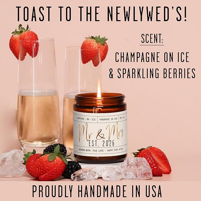 Wedding Gifts for Couples 2026, Bridal Shower Gifts from Bride - 'Mr and Mrs Est. 2026 Candle, w/Champagne on Ice I Wedding Shower for Newlyweds I 50Hr Burn, USA Made