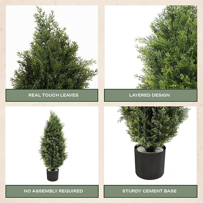 Artificial Topiary Cedar Trees 3ft, 2 pk - Outdoor Indoor Faux Pine Shrubs Plants, Realistic Fake Plants Front Porch Decor, Artificial Bushes Cypress for Home Front Door Offices