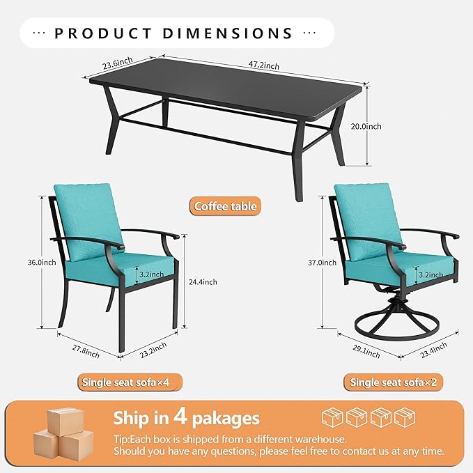7-Piece Patio Conversation Set, Patio Furniture Set with 4 Stationary & 2 Swivel Chairs with Thick Cushions & a Rectangular All-Iron Coffee Table, Metal Patio Seating Set for lawns, Patio,Blue