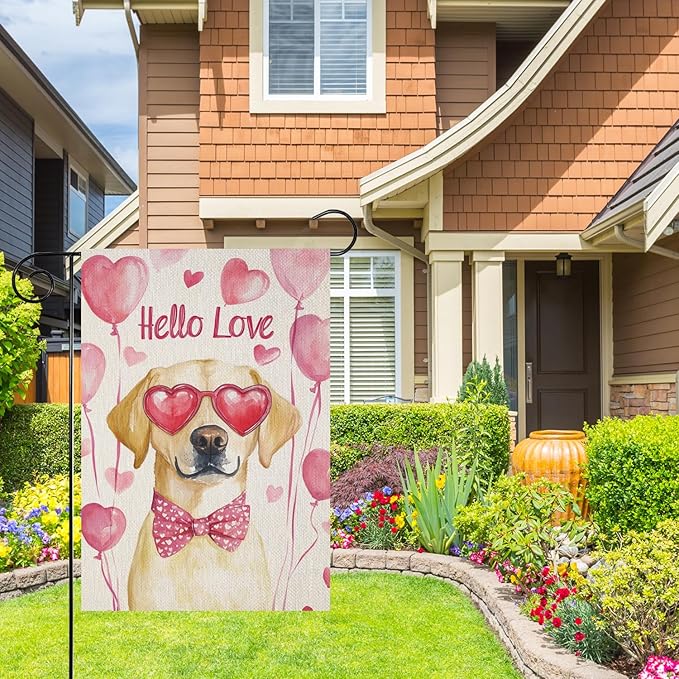 Valentine's Day Labrador Retriever Hello Love Garden Flag, House Yard Plaid Love Heart Outside Decoration, Spring Holiday Wedding Anniversary Outdoor Small Decor 12x18(12631)