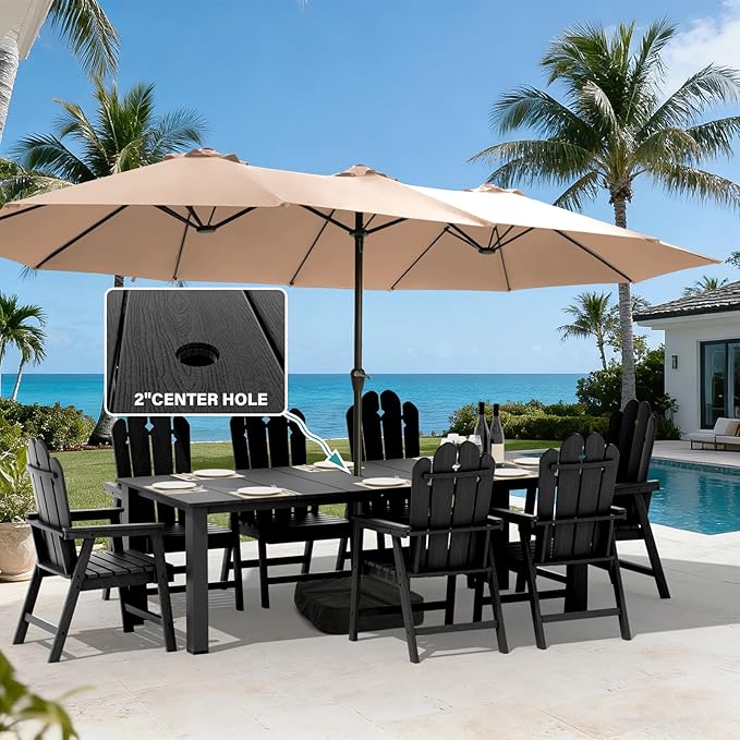 9-Piece Patio Dining Set, Outdoor Dining Set for 8, Large HDPE All-Weather Outdoor Furniture with 89.57” Umbrella Hole Table, 8 Armchairs, Black