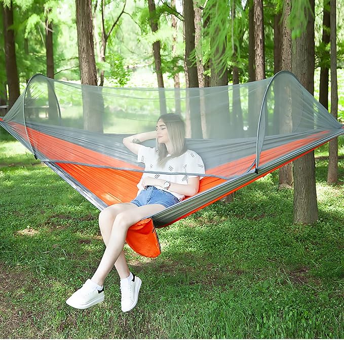 LFL Portable Camping Hammock with Mosquito Net, 1-2 Person Outdoor Swing Hammock, Nylon Parachute Material, Outside Quick Opening, Hiking Travel Courtyard (Orange)