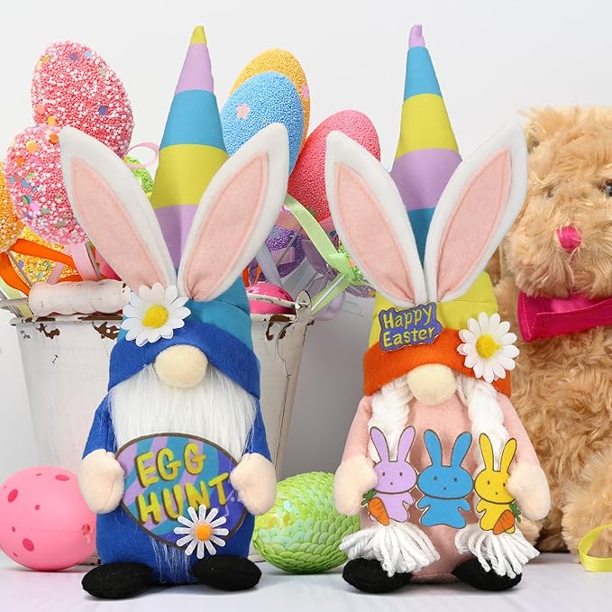 Lovinland Easter Decorations - Bunny Gnomes Decor for Home, Indoor, Tiered Tray, Office, Desk - Spring Rabbit Stuffed Centerpiece Table - Easter Basket Stuffers Essentials for Women - Gnome Gifts