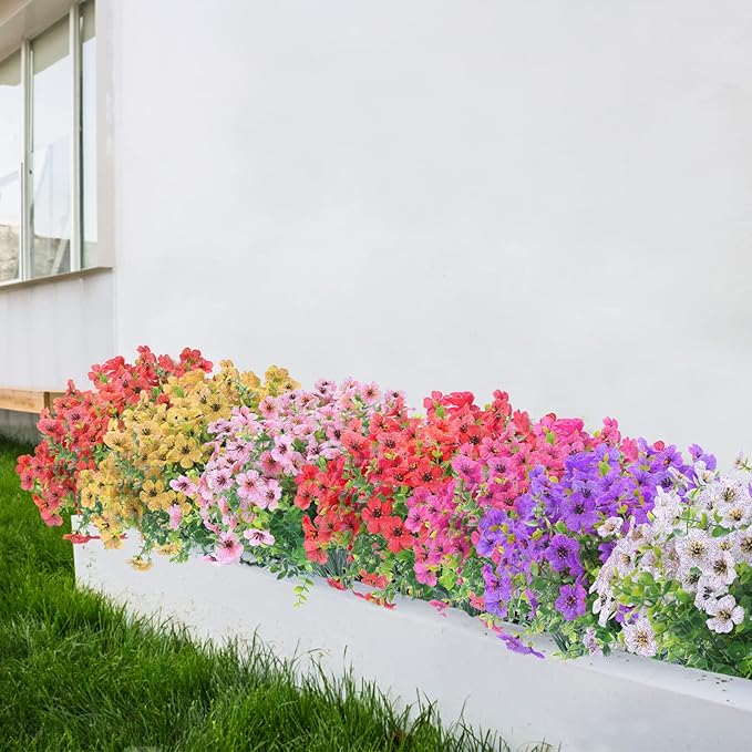 XEOLIAN 12 Bundles Artificial Flowers Outdoor UV Resistant Fake Plastic Plants Indoor Outside Hanging Plants Garden Porch Window Box Home Wedding Farmhouse Festive Shrub Decor (Pink)