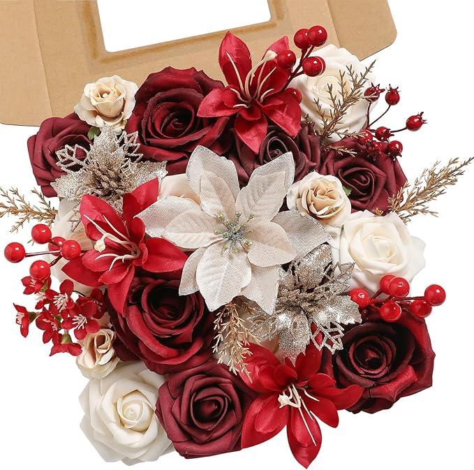 YYHUAWU Artificial Christmas Flowers Greenery Combo Box Set Faux Flowers Bulk Flower Leaf with Stems for DIY Tree Ornaments Xmas Wreath Floral Arrangements Centerpieces