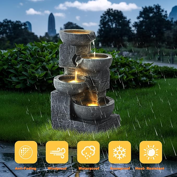 MAGIC UNION Outdoor Water Fountain, 4 Tiers Cascading Bowls Waterfall Indoor Fountain Garden Decor w/LED Lights, Outside Patio Resin Stacked Stones Fountains for Yard, Deck and Porch (Light Gray)