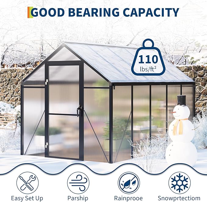 6X10 FT Outdoor Polycarbonate Greenhouse, Sturdy Aluminum Frame, Adjustable Roof Vent, Ideal for Backyard, Patio, or Garden, All-Weather Green House for Growing Plants and Vegetables