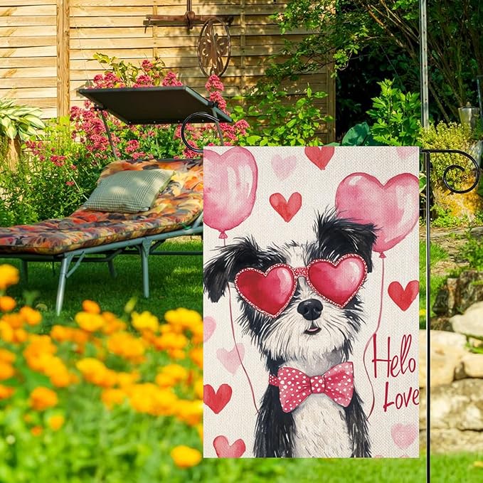 Valentine's Day Border-Coll Hello Love Garden Flag, House Yard Plaid Love Heart Outside Decoration, Spring Holiday Wedding Anniversary Outdoor Small Decor 12x18(12652)