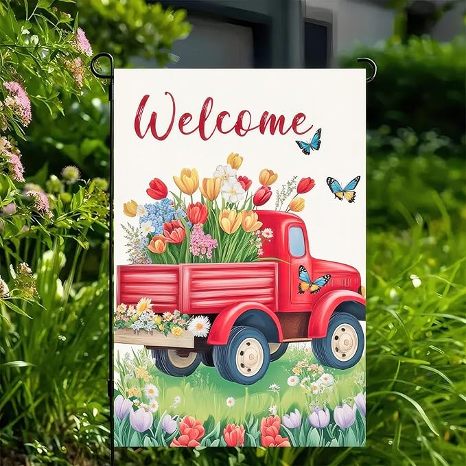 Outdoor Garden Flag Double Sided Garden Flag Welcome Red Truck Flag Spring Flowers and Butterflies Design 12x18 Inch Polyester Yard Decoration for Outdoor Lawn and Patio