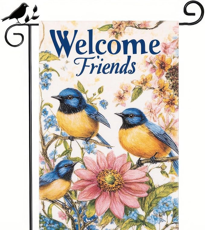 Garden Flag Hello Spring Yard Flag Garden Decoration 12x18 Inch Double Sided Welcome Friends Bluebirds Floral Design Outdoor Yard Banner for Spring and Summer Decoration