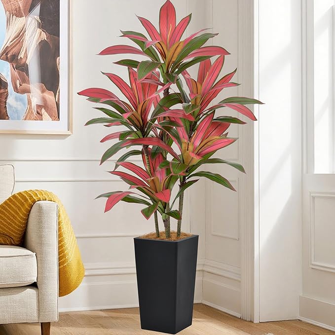 Roselywed Artificial Red Dracaena Tree 5FT with 90 Leaves & 6 Heads & Black Tall Planter Cover with Coconut Fiber Tall Faux Tropical Silk Bicolor Plant 60 Inch for Indoor Home Office Porch Mall Decor