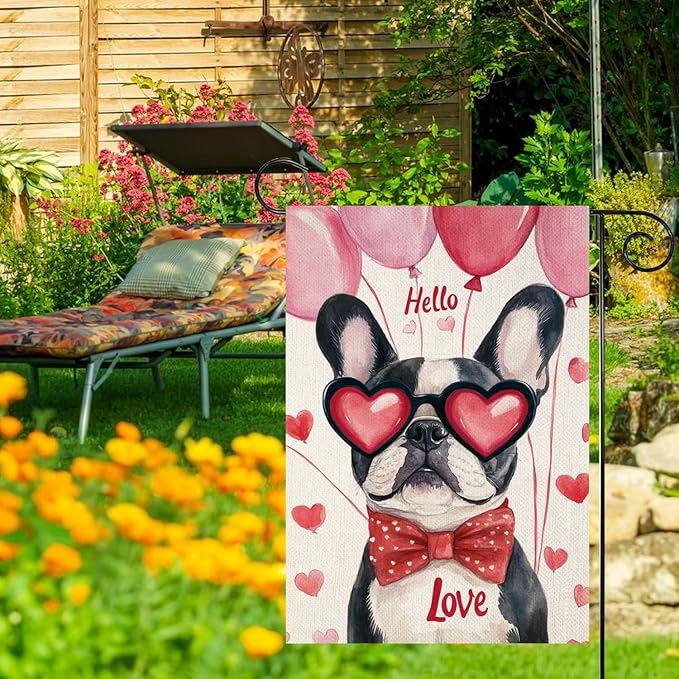 Valentine's Day Bulldog Hello Love Garden Flag, House Yard Plaid Love Heart Outside Decoration, Spring Holiday Wedding Anniversary Outdoor Small Decor 12x18(12637)