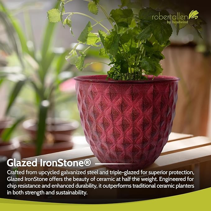 Headwind Glazed Ironstone Diamonte Collection – Crimson Red 10-Inch Decorative Plant Pot, Indoor & Outdoor, Vintage Diamond-Textured, Lightweight & Weather-Resistant for Garden Use by Robert Allen