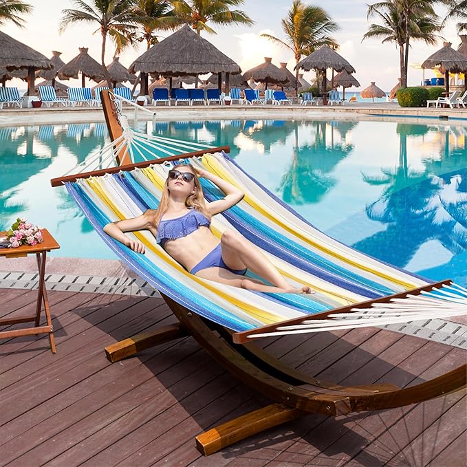 Lazy Daze Hammocks Cotton Fabric Spreader Bar Hammock and 10.5 Ft Wood Arc Hammock Stand Combo, for Outdoor, Indoor, Patio, Backyard, Blue and Yellow