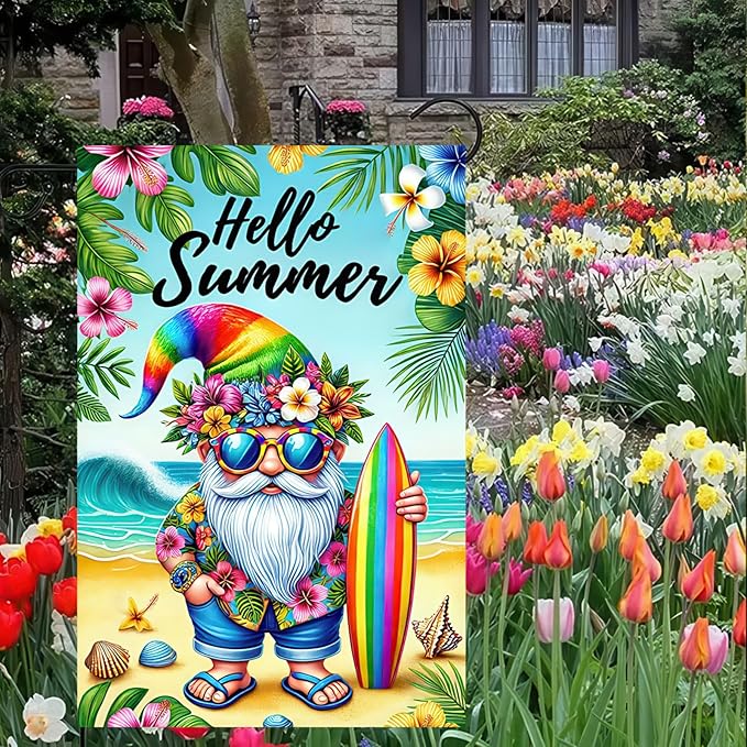 Hello Summer Garden Flag Beach Gnome Flag 12x18 Inch Double Sided Welcome Summer Holiday Yard Flag Outside Decoration Farmhouse Outdoor Small Decor