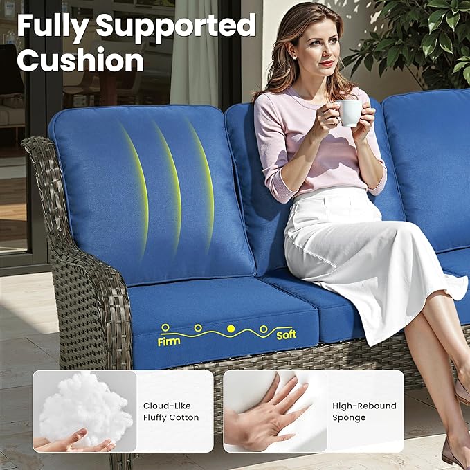 ovios 8 Pieces Patio Furniture Set, Outdoor Wicker Sofa Couch with Swivel Chairs 42" Fire Pit Table, High Back Modern All Weather Conversation Sets, Brown Rattan, Navy Blue